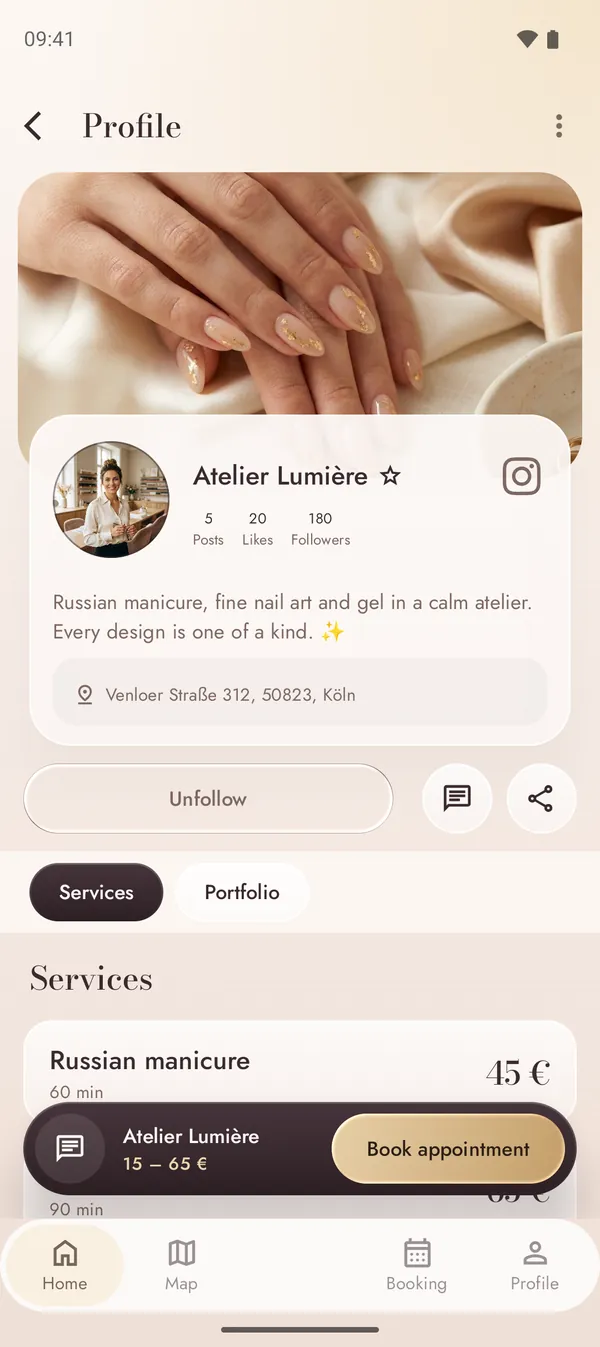 Nail studio profile with services and prices